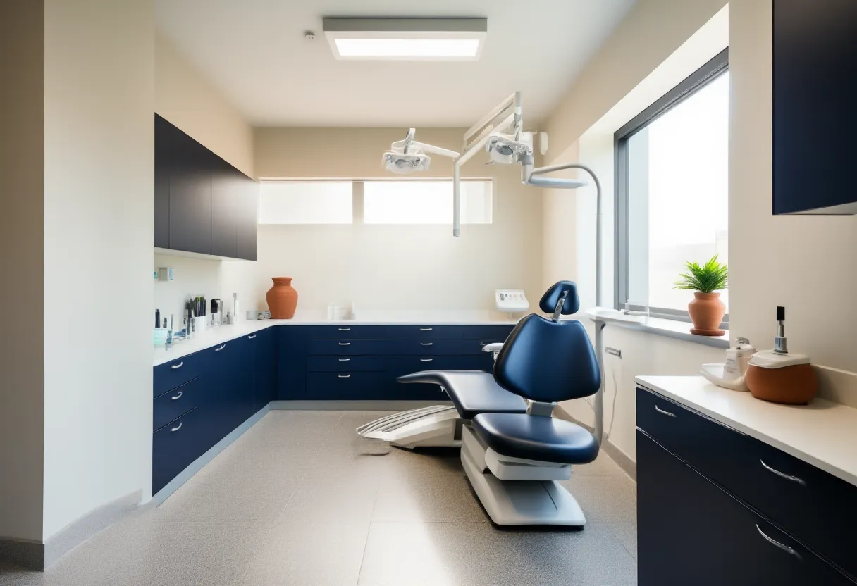 Consultorio dental vacío: gabinetes azul marino, muros crema, macetas de barro y luz de ventana.
