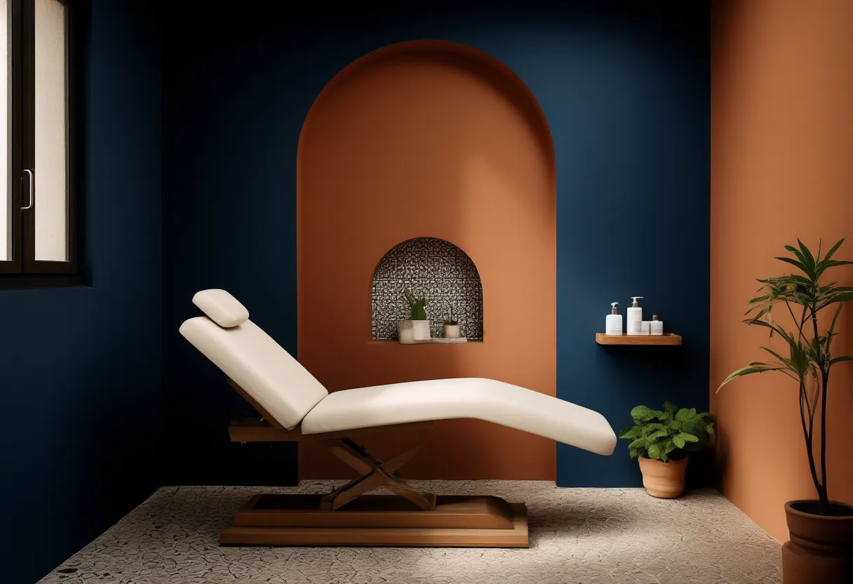Cabina de estética vacía: muro azul marino, arco terracota, camilla crema y macetas de barro.