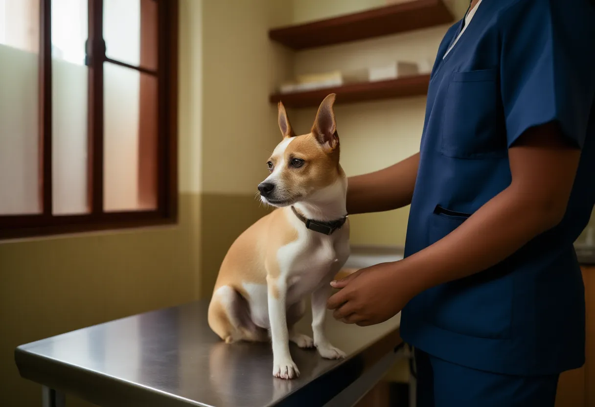 Perro criollo sentado en la mesa de exploración de una veterinaria, sostenido por una persona de uniforme azul.